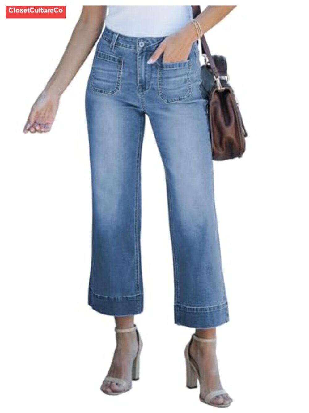High Waisted Wide Leg Crop Flare Jeans Stretchy Denim Pants